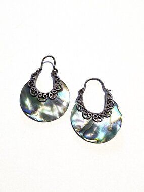 Abalone shell filigree earrings - unmarked Mexican silver